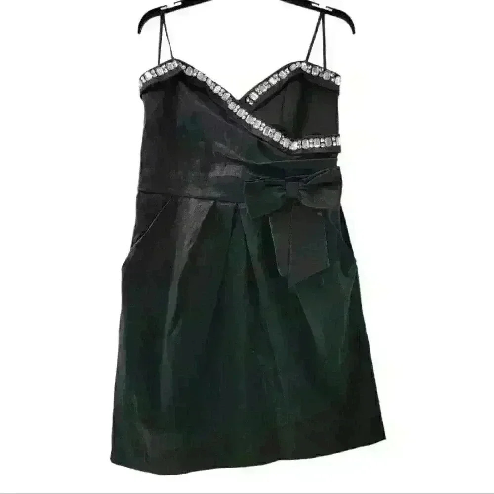 VTG Deb Rhinestone Sweet Heart‎ Bow Front Pocket Party Black Occasion Dress.